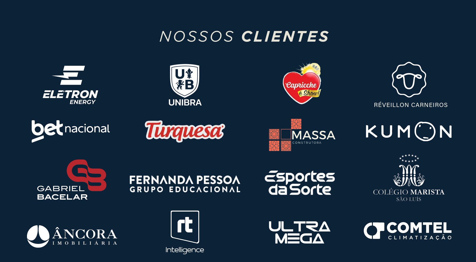 Logotipos de clientes da J3 Confecções: Eletron Energy, Unibra, Capricche é Show, Réveillon Carneiros, Bet Nacional, Turquesa, Massa Construtora, Kumon, Gabriel Bacelar, Fernanda Pessoa Grupo Educacional, Esportes da Sorte, Colégio Marista São Luís, Âncora Imobiliária, RT Intelligence, Ultra Mega, Comtel Climatização